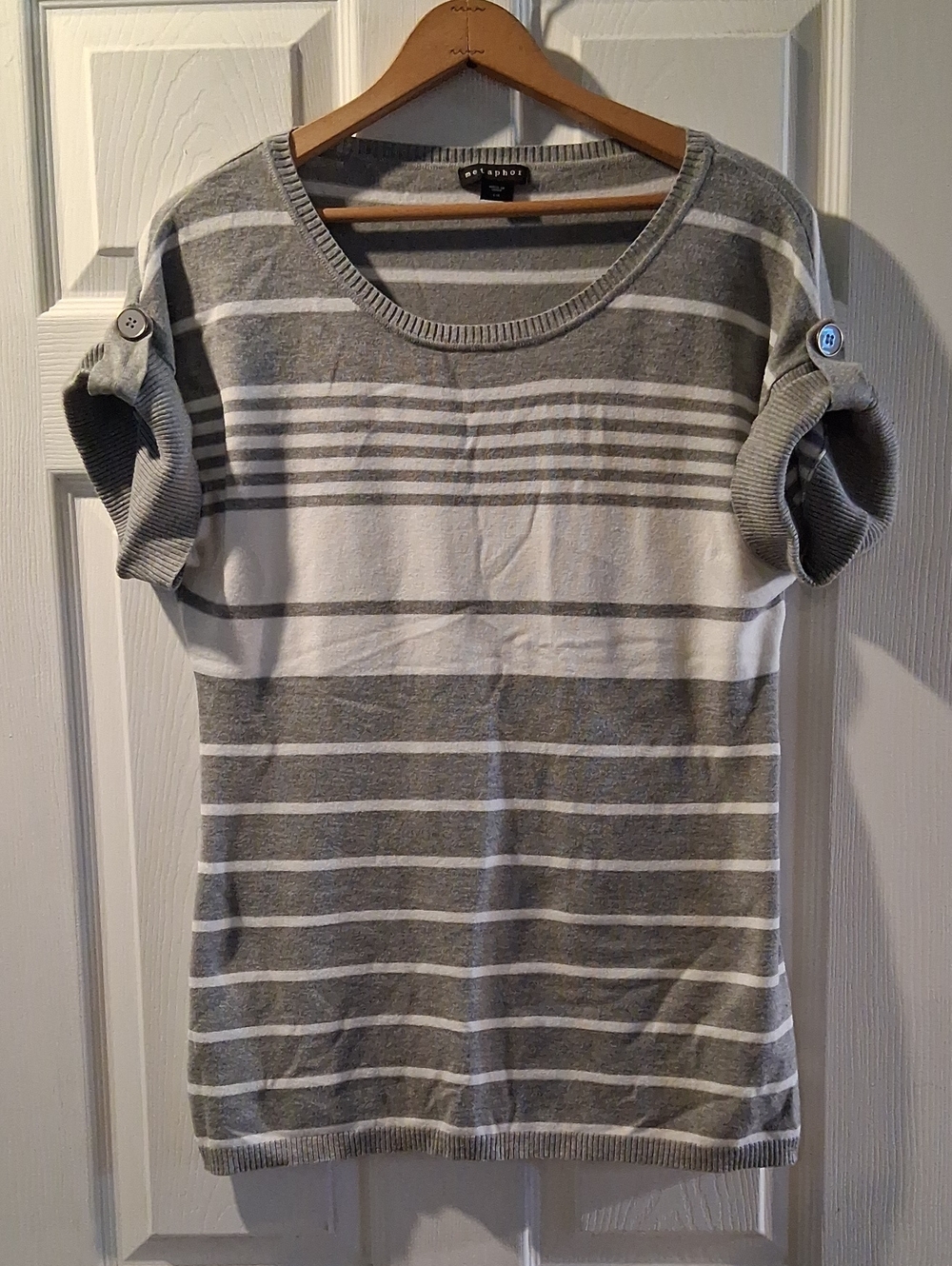 Metaphor Gray and White Striped Short Sleeve Knit Top